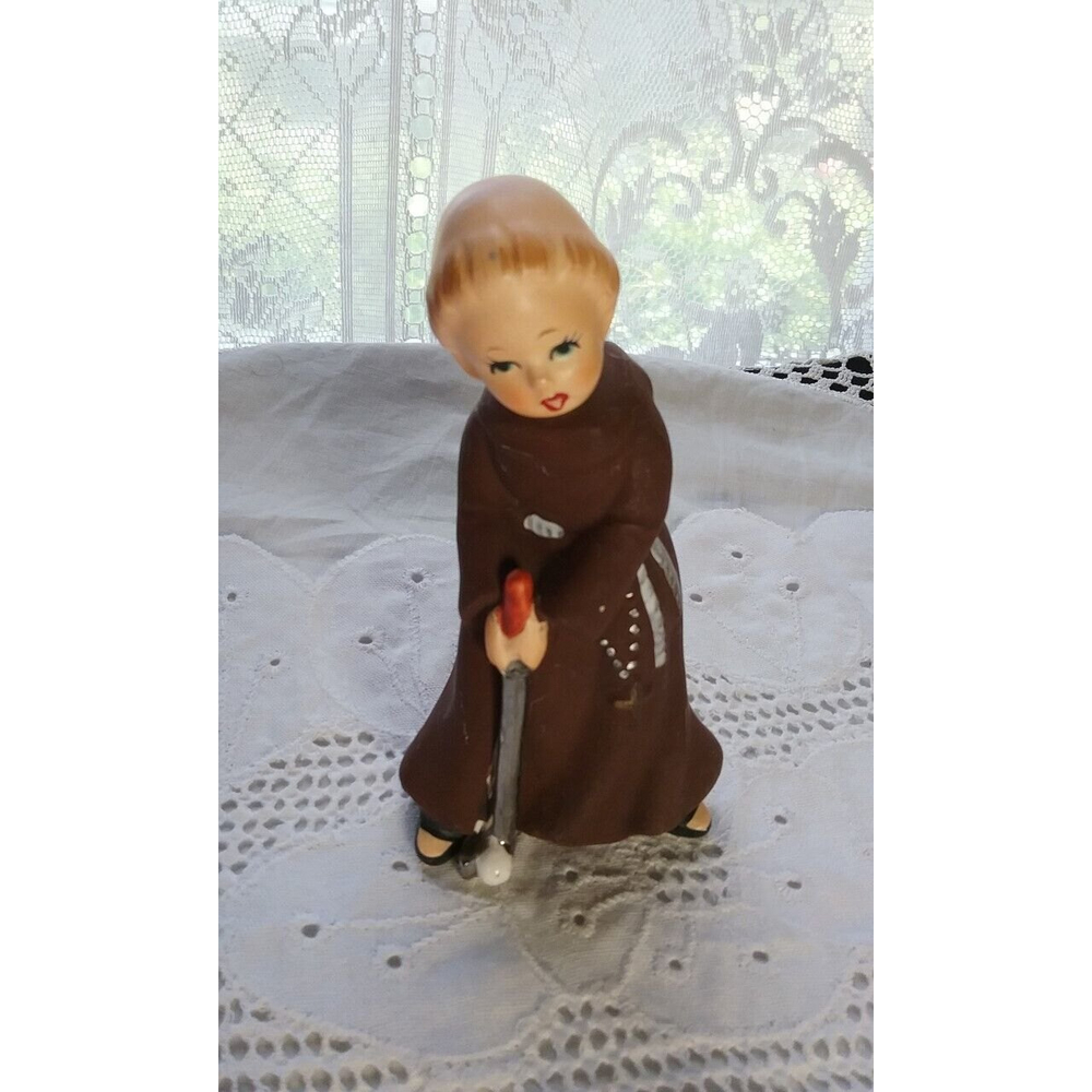Vintage Ceramic Boy Monk Figurine Playing Golf  Made in Japan 5.5"